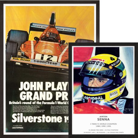 Poster featuring a McLaren Formula 1 car and a portrait of Ayrton Senna.