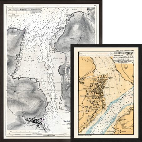 Two framed historical nautical maps of a coastal region, showing topography and water details.