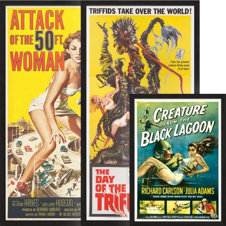 Three vintage horror movie posters featuring women and creatures in dramatic scenes.