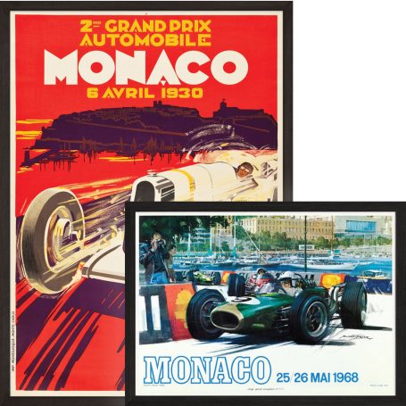 Vintage Monaco Grand Prix posters featuring racing cars and scenic landscapes.